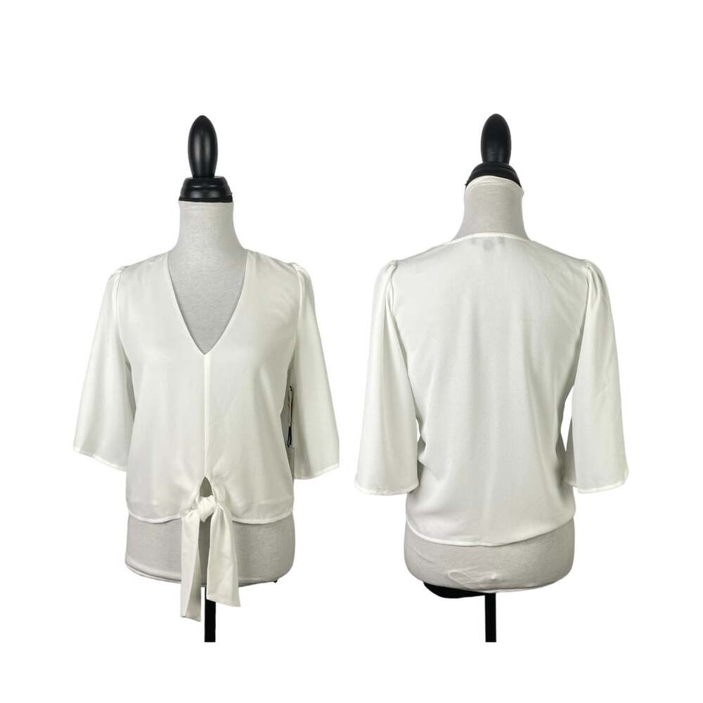 1.State New White Flounce Sleeve V-Neck Tie Front Cropped Chic Flirty Top Blouse